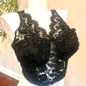Vinatge Black Beaded Lace Corset Bustier Top Sheer Floral Embroidery XL